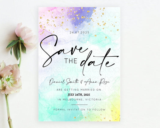 Editable Pastel Save The Date Template Pastel Ombre Rainbow Watercolor Color