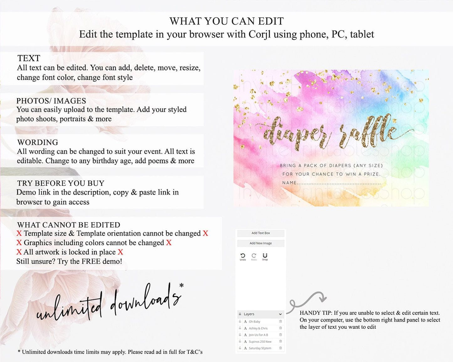 Pastel Diaper Raffle Card Pastel Rainbow Diaper Raffle Insert Colorful Ombre Watercolor Diaper Ticket Confetti Glitter Raffle Game D10450