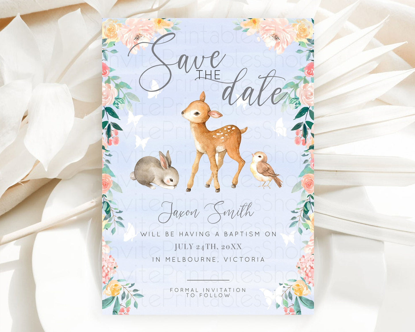 Fawn Deer Save The Date Template Pastel Floral Deer Enchanted Forest Butterfly Party 1st Birthday Baptism Baby Shower Bridal Shower D10920