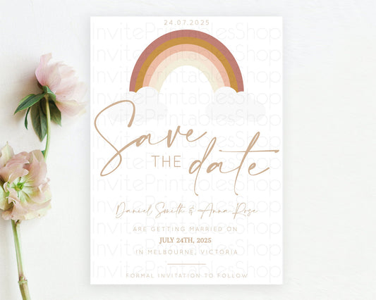 Editable Pastel Rainbow Save The Date Template Boho Colorful Rainbow Party R