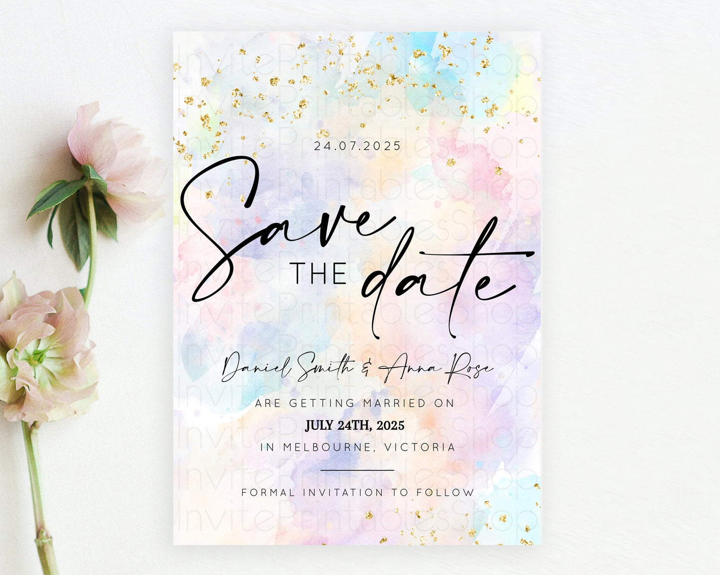 Pastel Save The Date Template Pastel Ombre Rainbow Watercolor Colorful Party For Birthday Baptism Baby Shower Wedding Bridal Shower D10605