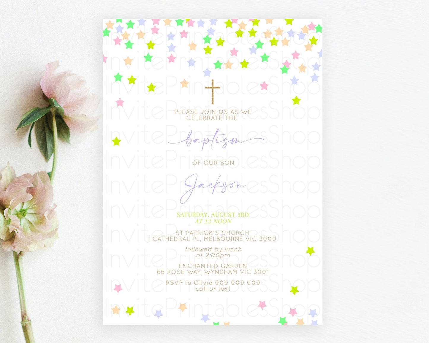 Star Baptism Invitation Pastel Stars Baptism 1st Birthday Invitation Rainbow Colors Confetti Twinkle Little Star Christening Invite D10396