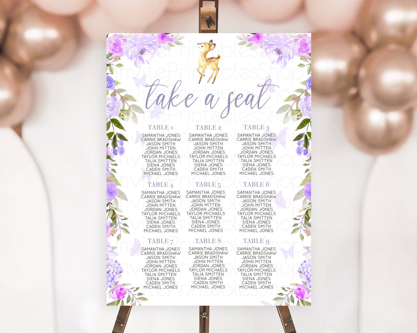 Fawn Seating Chart Deer Seating Chart Enchanted Forest Party Butterfly Pastel Flowers Whimsical Seating Chart Woodland Seating Sign D10916