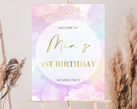 Rainbow Welcome Sign Pastel Watercolor Welcome Board Gold Glitter Confetti Colorful Splash Party Entry Sign 1st Birthday Poster 599v1