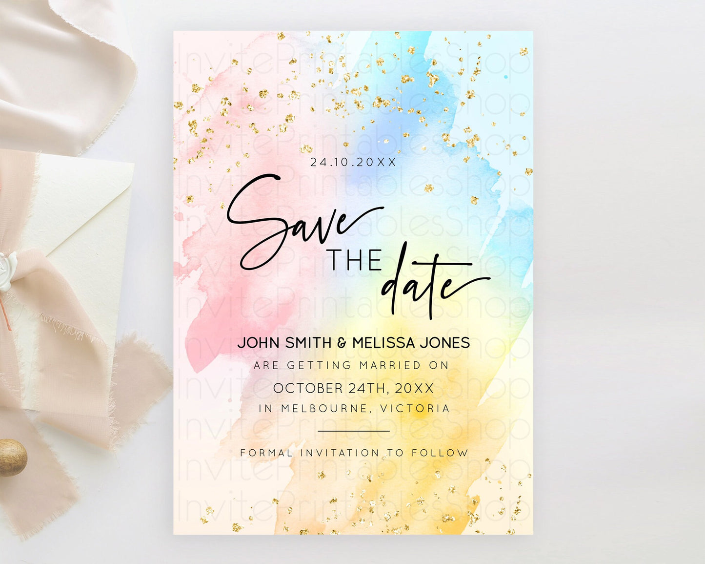 Pastel Save The Date Template Pastel Ombre Rainbow Watercolor Colorful Party For Birthday Baptism Baby Shower Wedding Bridal Shower D10557