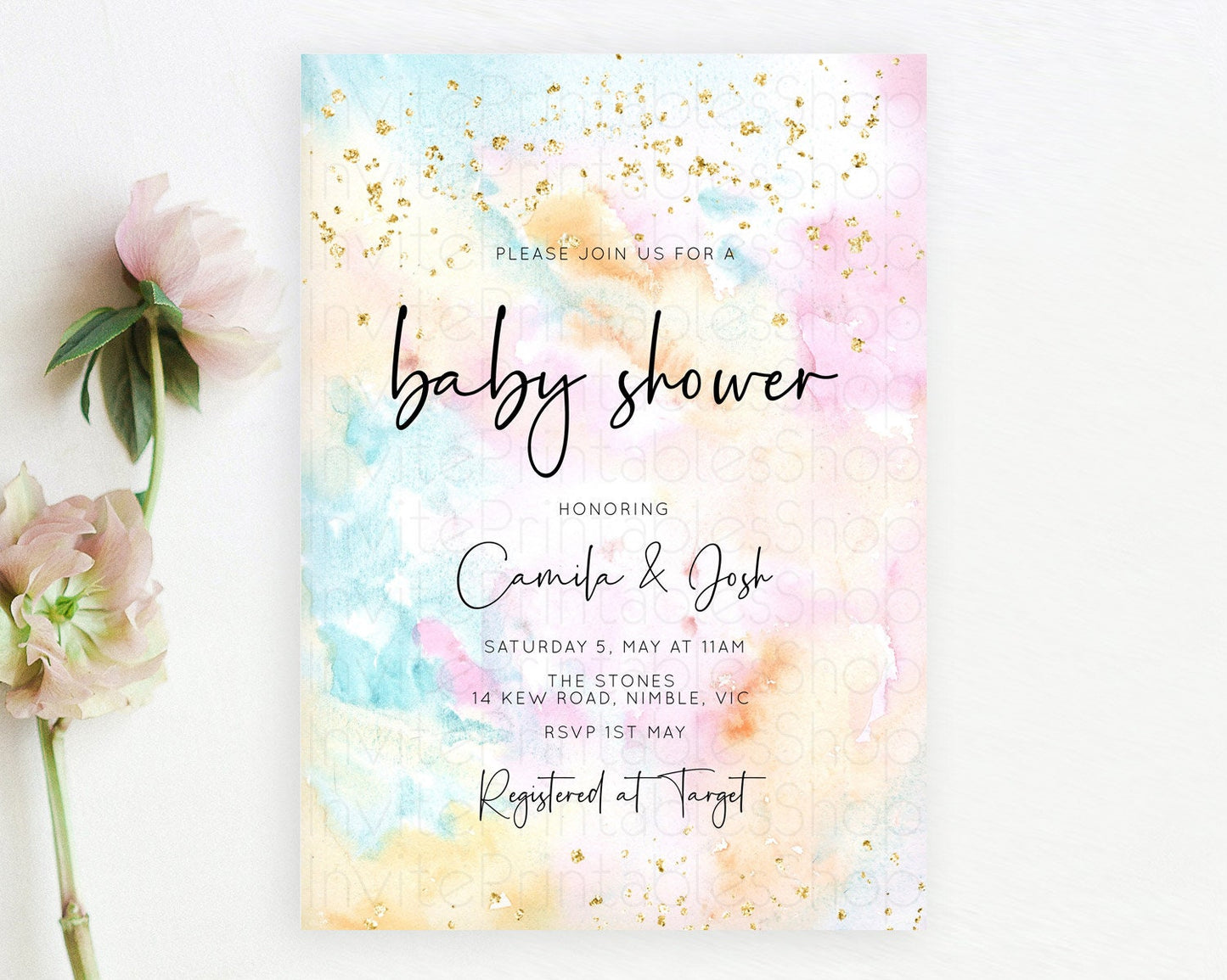 Pastel Baby Shower Invitation Rainbow Baby Shower Invitation Colorful Pastel Watercolor Invitation Gold Glitter Sprinkles Ombre D10548