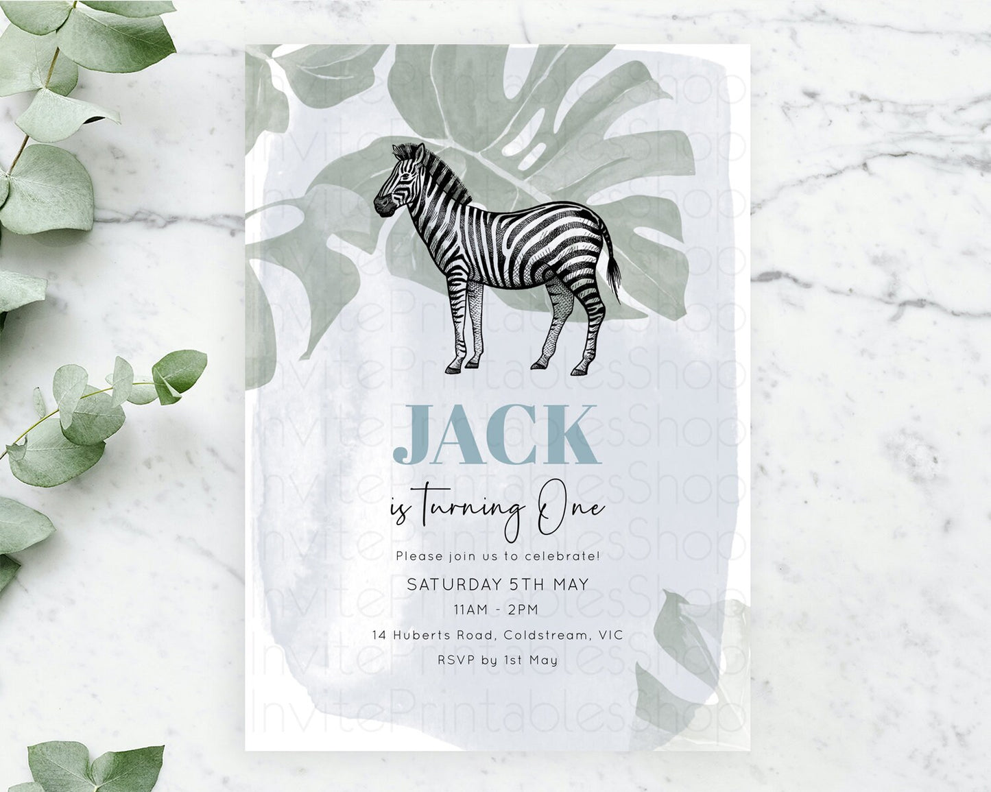 Zebra Birthday Invitation Zebra Invite Jungle Safari invite Watercolor Tropical Palm Invite Adventure Zoo Party Wild Animal Party D10814