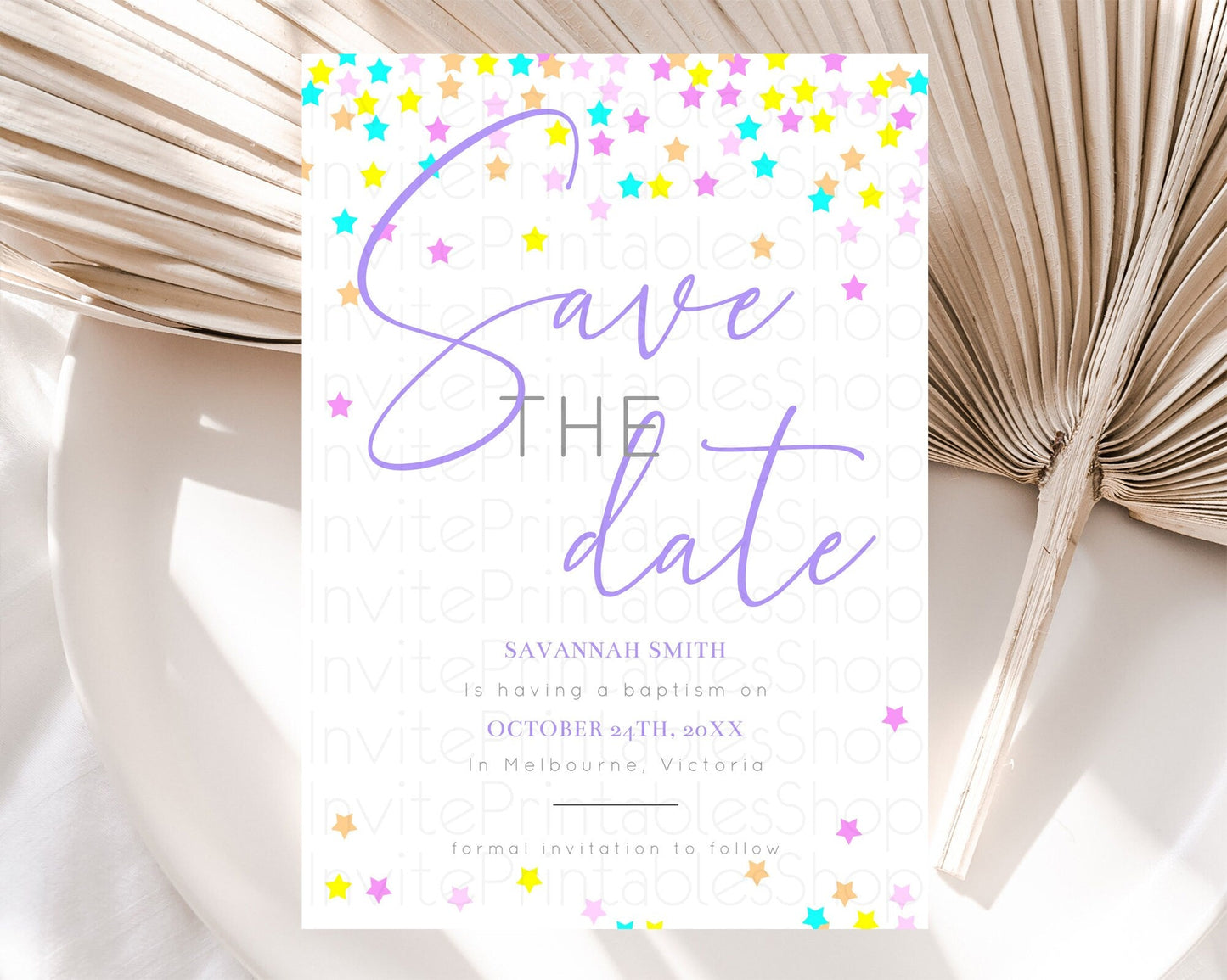 Twinkle Stars Save The Date Template Pastel Twinkle Little Star Party Shooting Star Confetti Sprinkles Birthday Baptism Baby Shower D10397