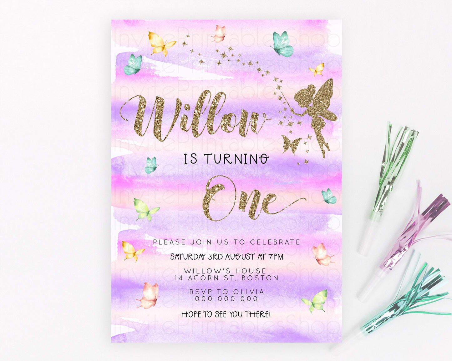 Pastel Fairy Birthday Invitation Pastel Butterflies Fairy Birthday Invitation Rainbow Ombre Watercolor 1st 2nd Birthday Invitation D23313