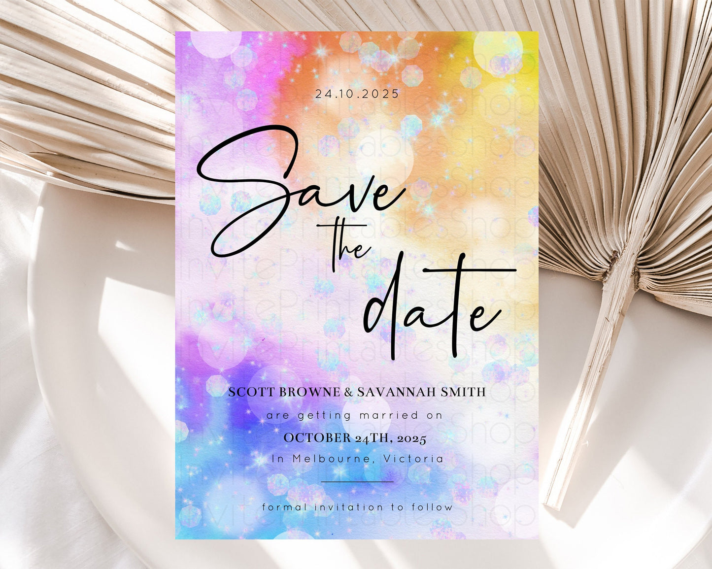Editable Colorful Save The Date Template Pastel Rainbow Watercolor Iridescen