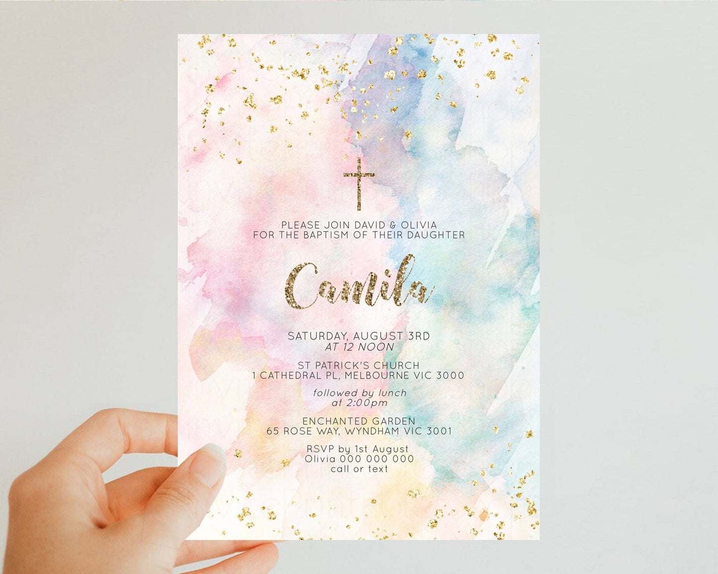 Rainbow Baptism Invitation Pastel Christening Invitation Holy Communion Invitation Glitter Watercolor Splash Invitation Colorful Invite 276