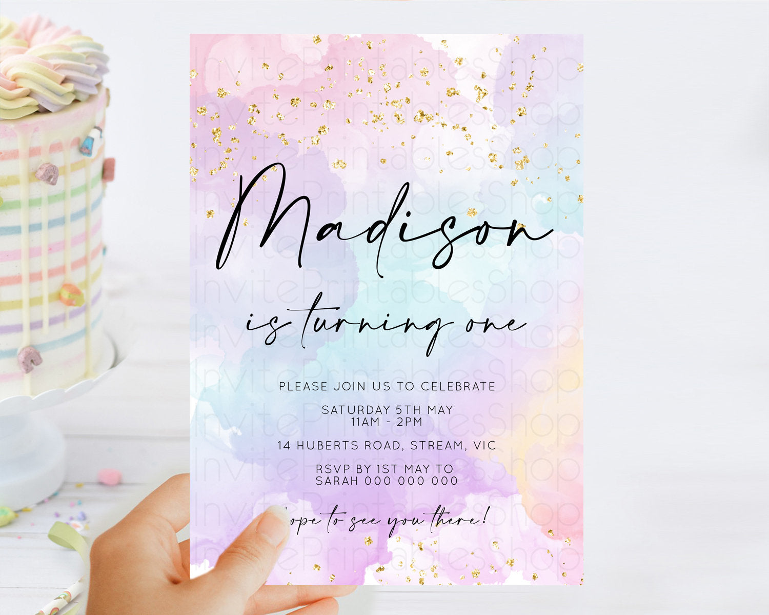 Editable Rainbow Birthday Invitation Colorful Pastel Watercolor Invitation G