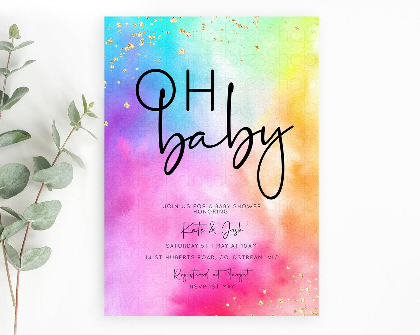 Pastel Baby Shower Invitation Rainbow Baby Shower Invitation Colorful Pastel Watercolor Invitation Gold Glitter Sprinkles Ombre D10456