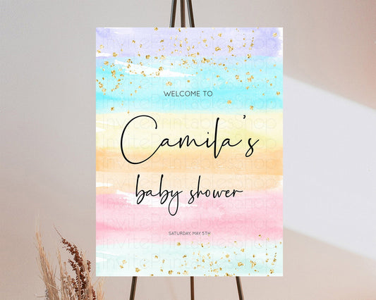 Pastel Baby Shower Welcome Sign Pastel Rainbow Welcome Sign Colorful Rainbow Confetti Watercolor Glitter Décor Pastel  Welcome Sign D10505