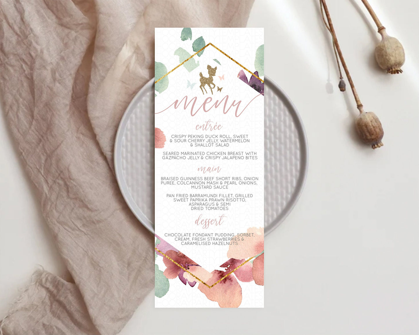 Fawn Menu Deer Menu Template Pastel Floral Deer Table Decor Enchanted Forest Butterfly Floral Dinner Dessert Menu Party Food Menu D10459