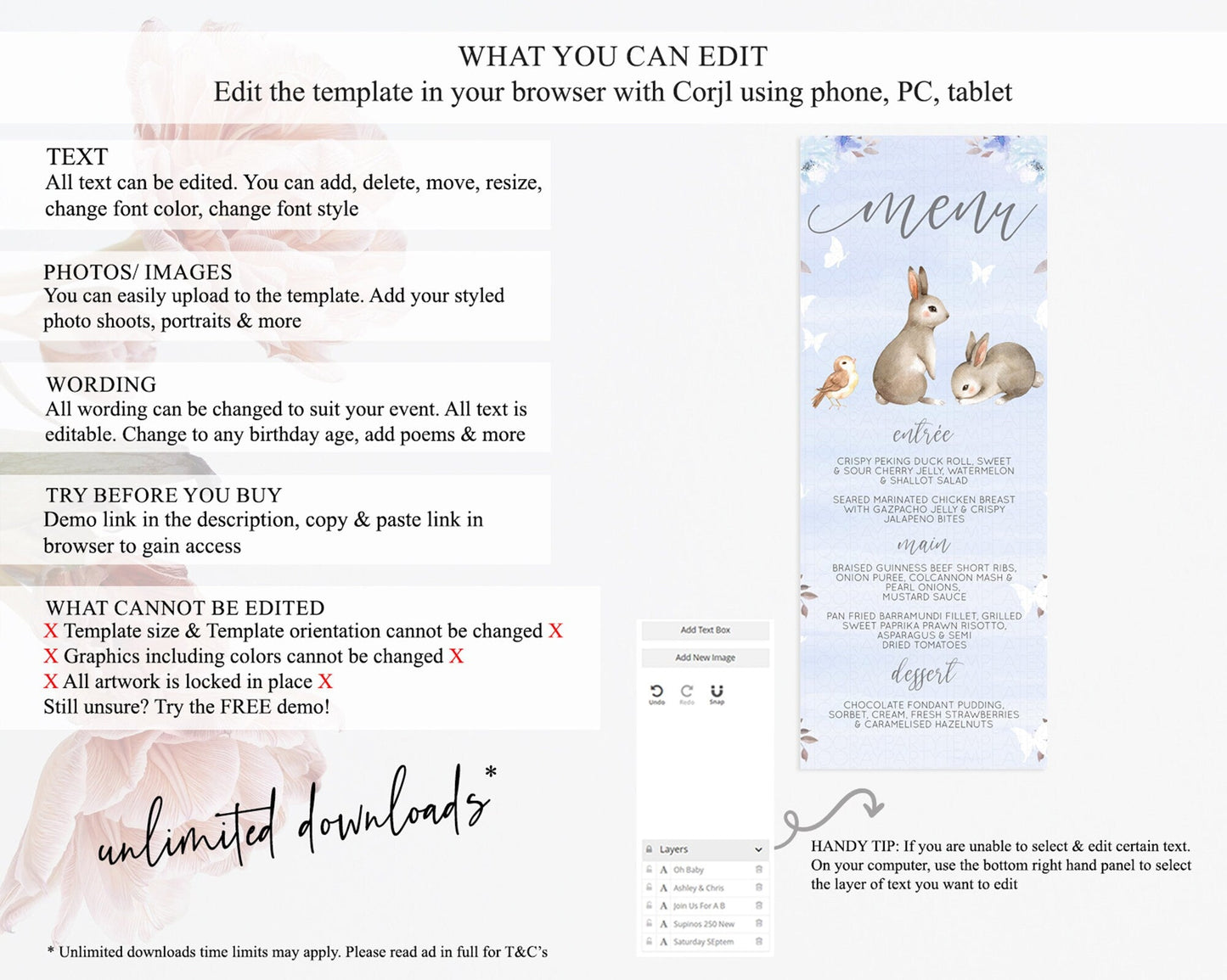 Bunny Menu Floral Bunny Menu Template Pastel Flowers Bunny Table Decor Secret Garden Bunny Dinner Dessert Menu Party Food Menu D10923