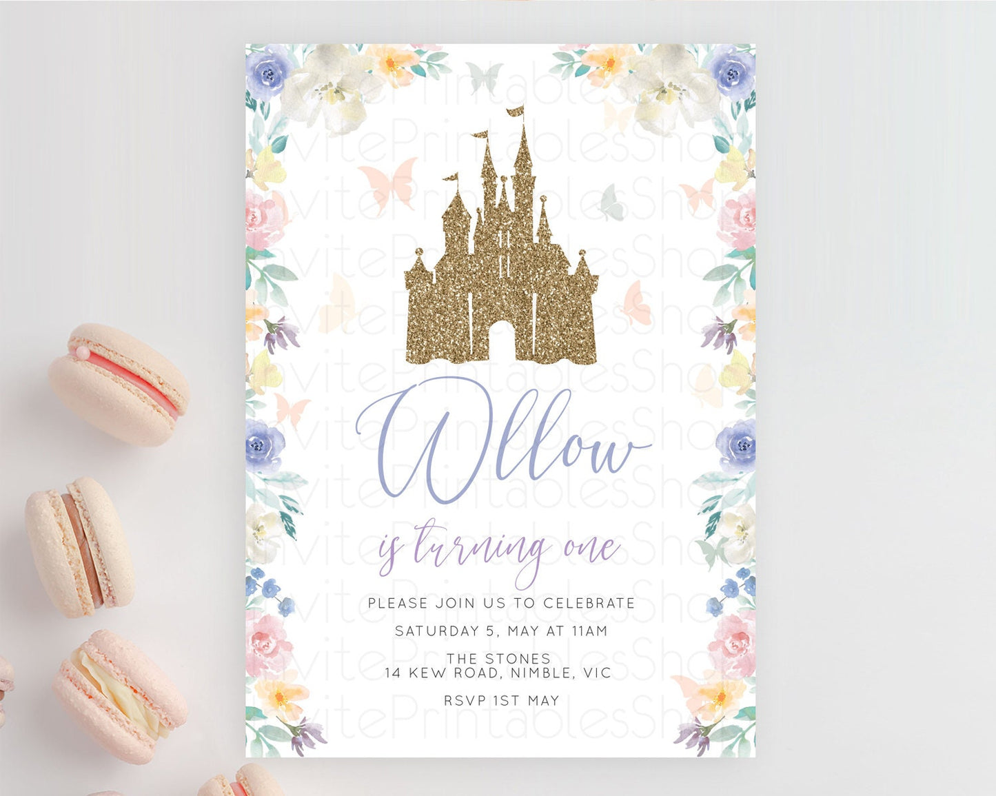 Princess Birthday Invitation Castle Invitation Royal Birthday Fairy Tale Enchanted Castle Pastel Floral Garden 1st First Birthday D10931