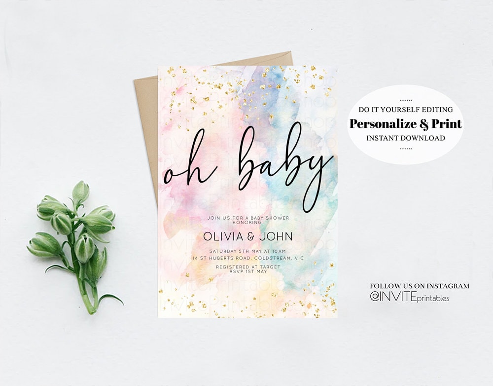 Rainbow Baby Shower Invitation Pastel Watercolor Invitation Colorful Splash Gold Splatter Glitter Foil Sprinkles Confetti Editable