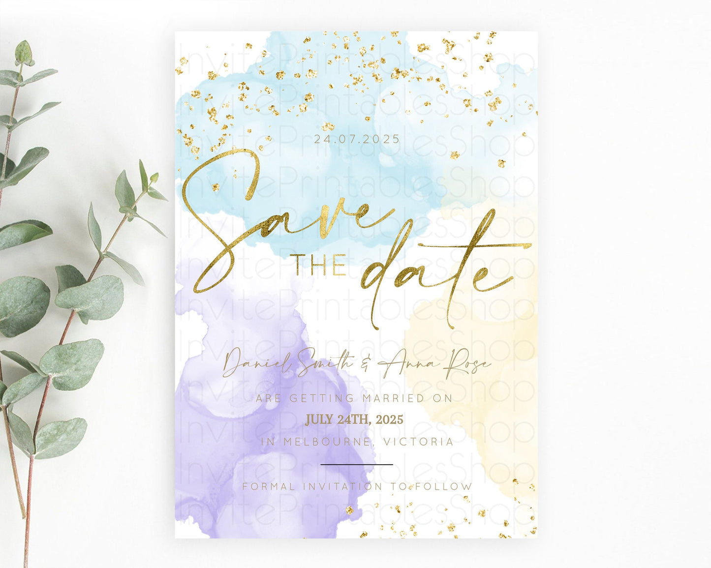 Pastel Save The Date Template Pastel Ombre Rainbow Watercolor Colorful Party For Birthday Baptism Baby Shower Wedding Bridal Shower D10206