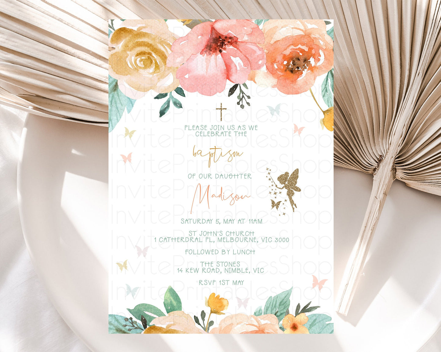 Fairy Baptism Invitation Fairy Baptism 1st Birthday Invitation Enchanted Secret Garden Christening Invite Pastel Floral Butterfly D10346