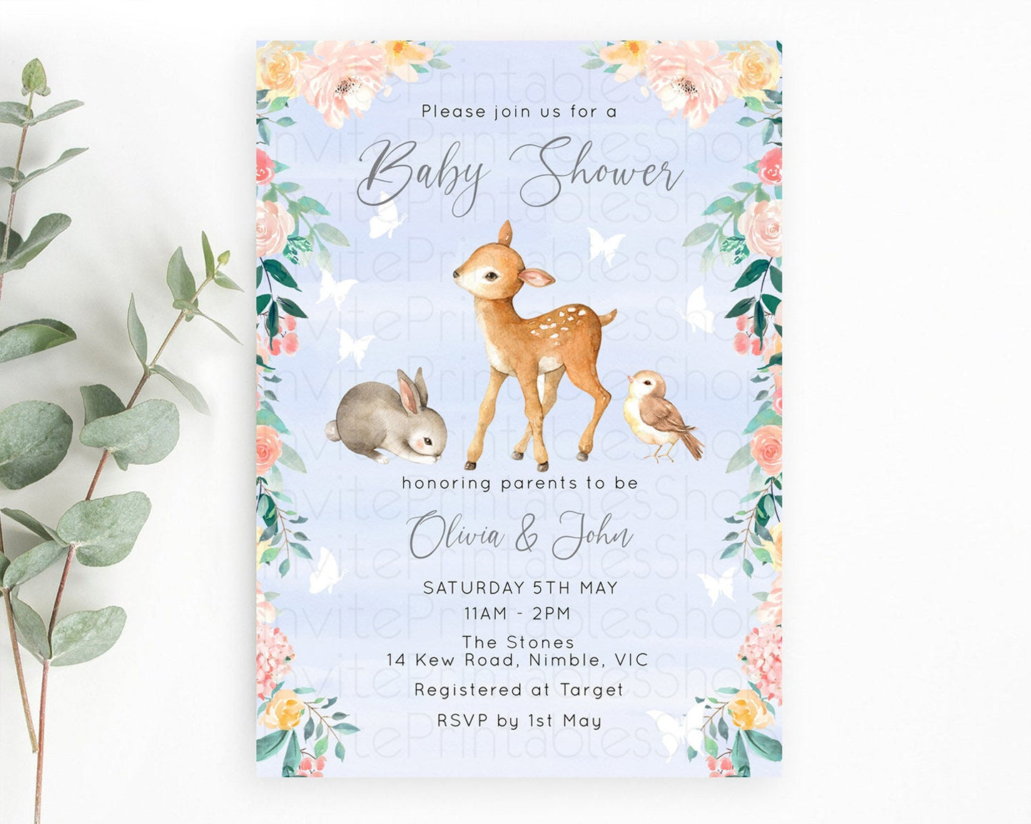 Deer Baby Shower Invitation, Whimsical Enchanted Forest Fawn and Butterflies, Soft Pastel Watercolor Blue,  Pink Green Floral Accents D10920