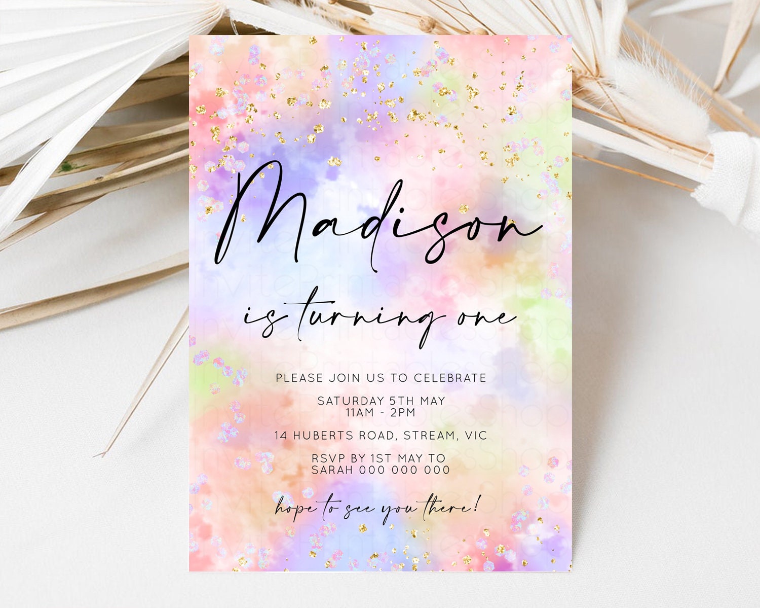 Editable Rainbow Birthday Invitation Pastel Birthday Invitation Ombre Rainbo