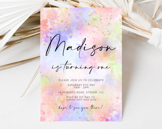 Editable Rainbow Birthday Invitation Pastel Birthday Invitation Ombre Rainbo