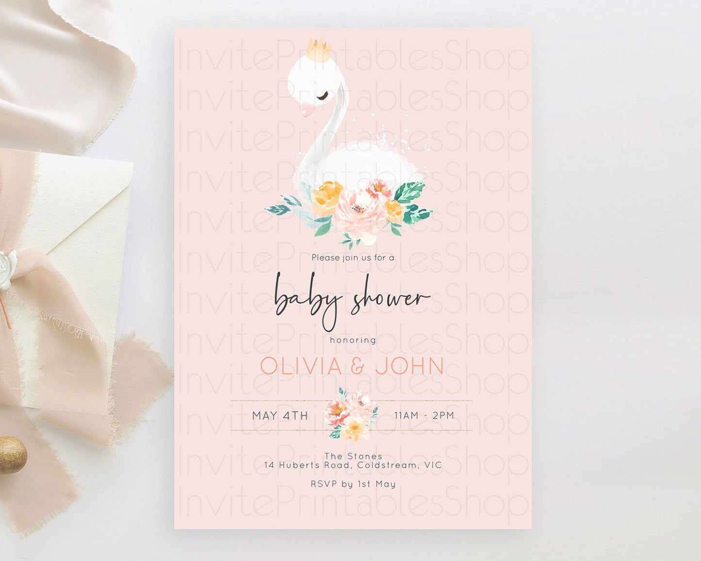 Swan Lake Baby Shower Invitation: Secret Garden, Swan Princess Ballet, Watercolor Pastel Floral, Butterfly Accents, Soft Pink, Green D10388