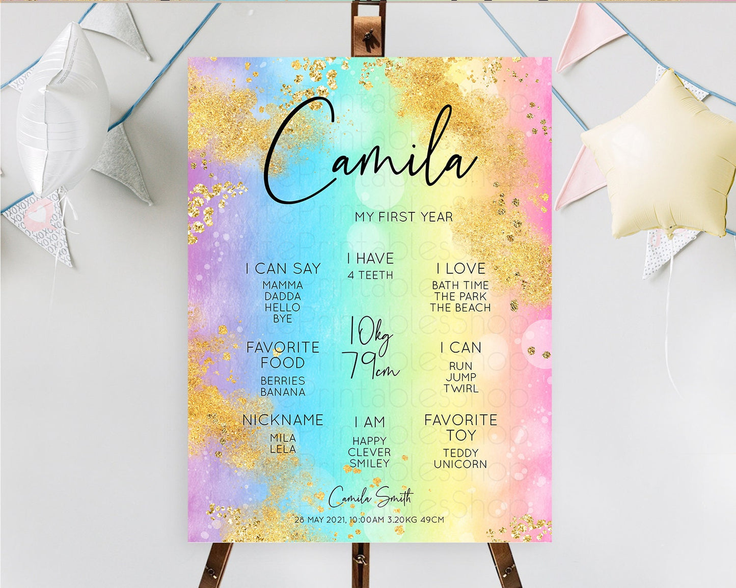 Pastel First Birthday Milestone Board Pastel Rainbow Milestone Poster Colorful Confetti Watercolor Glitter 1st Birthday Welcome Sign D10559