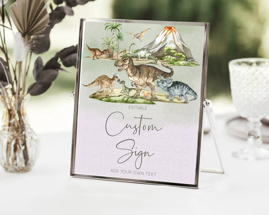 Editable Dinosaur Sign Jurassic Party Table Sign Decor Dinosaur Volcano Wate