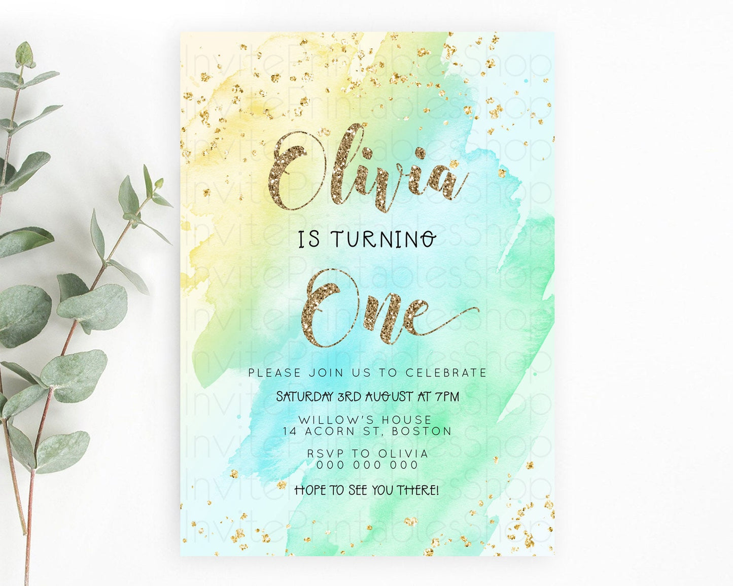 Rainbow Birthday Invitation Colorful Pastel Watercolor Invitation Gold Glitter Sprinkles Ombre Pastel 1st 2nd 3rd Birthday D23289