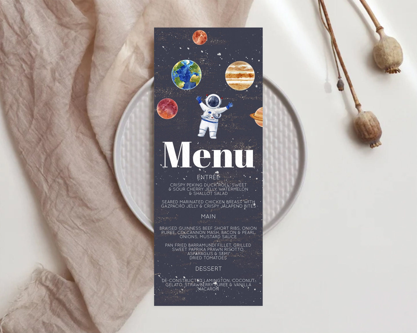 Space Menu Space Menu Template First Trip Around the Sun Table Decor Planets Solar System ONE year Food Menu Dinner Dessert Menu D10144