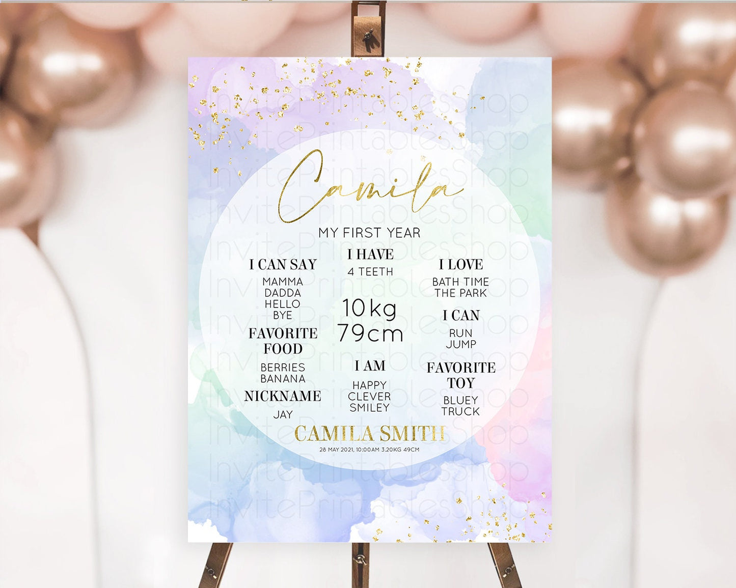 Pastel First Birthday Milestone Board Pastel Rainbow Milestone Poster Colorful Confetti Watercolor Glitter 1st Birthday Welcome Sign D10624
