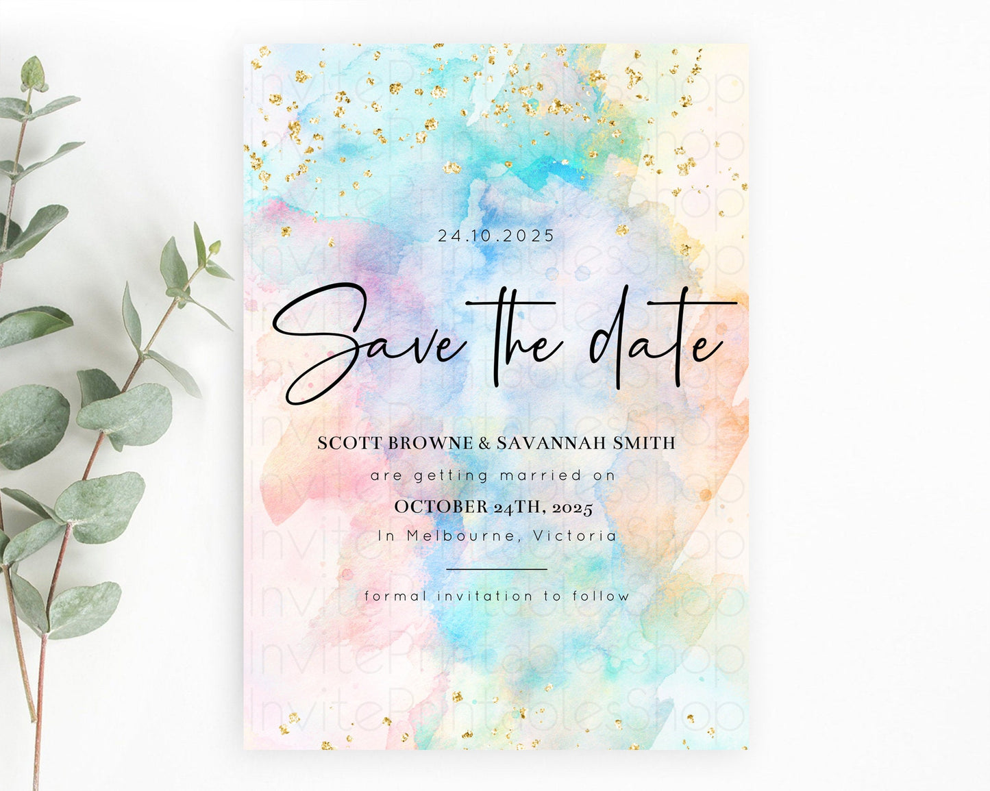 Pastel Save The Date Template Pastel Ombre Rainbow Watercolor Colorful Party For Birthday Baptism Baby Shower Wedding Bridal Shower D10266