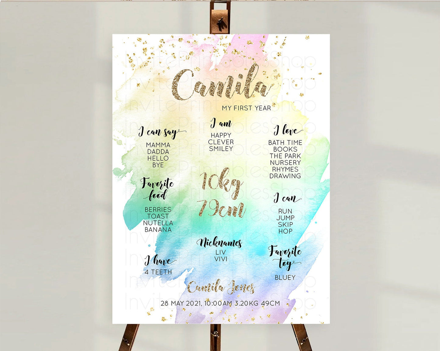 Pastel First Birthday Milestone Board Pastel Rainbow Milestone Poster Colorful Confetti Watercolor Glitter 1st Birthday Welcome Sign D10259