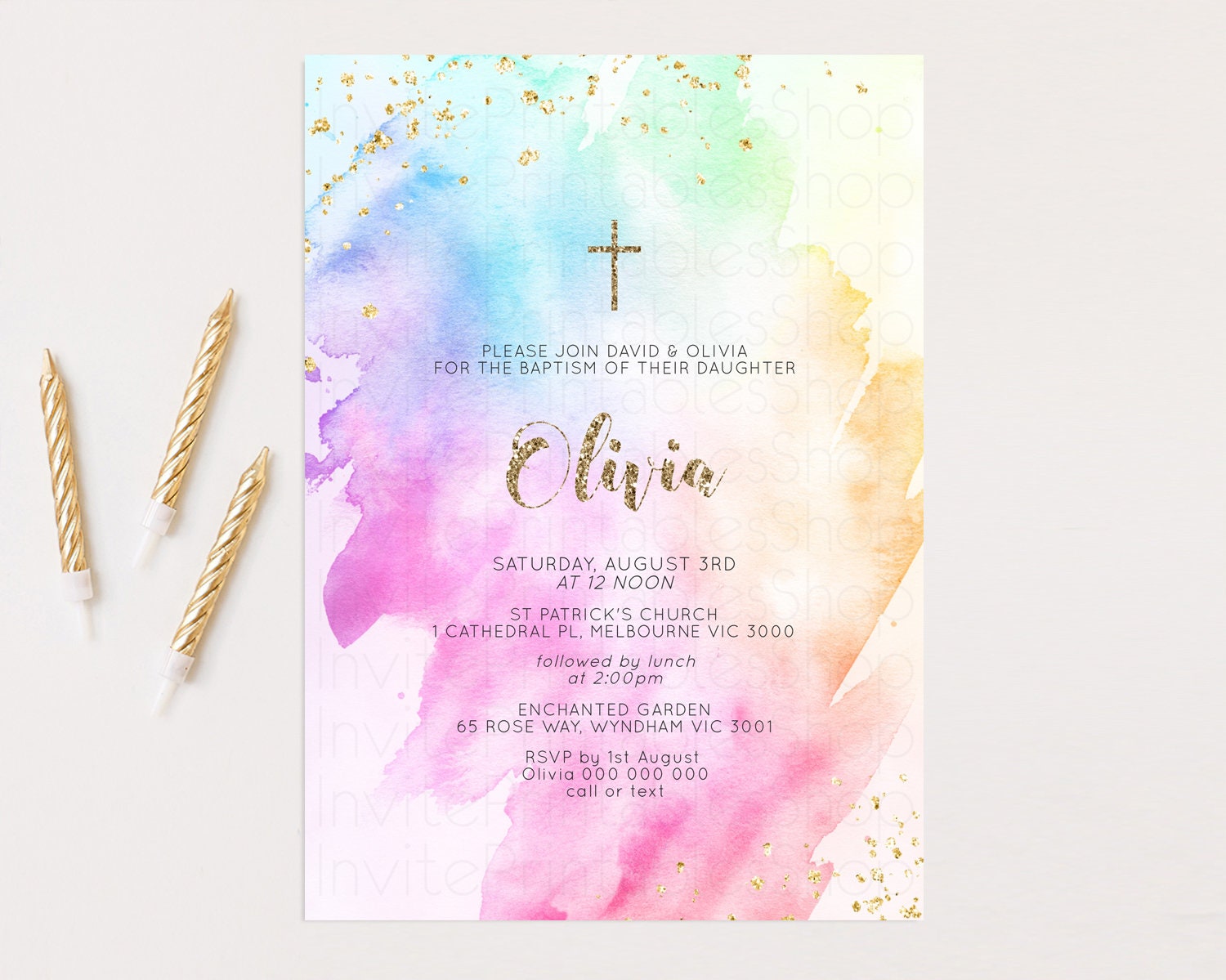 Editable Rainbow Baptism invitation Pastel Rainbow Christening Invite Ombre