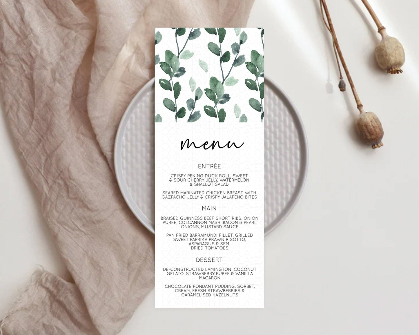 Leafy Menu Green Leaf Menu Template Eucalyptus Fern Leaves Decor Watercolor Boho Garden Leaf Branch Dinner Dessert Party Food Menu D11059