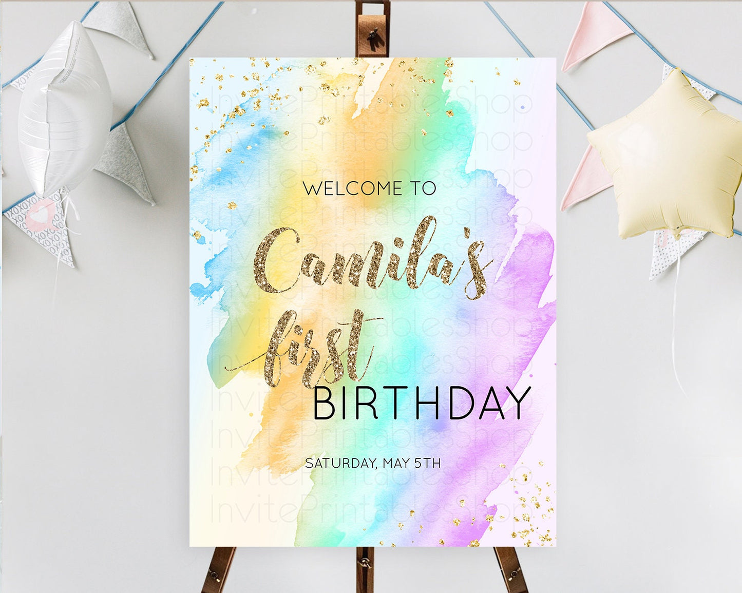 Pastel Welcome Sign Pastel Rainbow Welcome Sign Colorful Rainbow Confetti Watercolor Glitter Pastel First Birthday Welcome Sign D10426