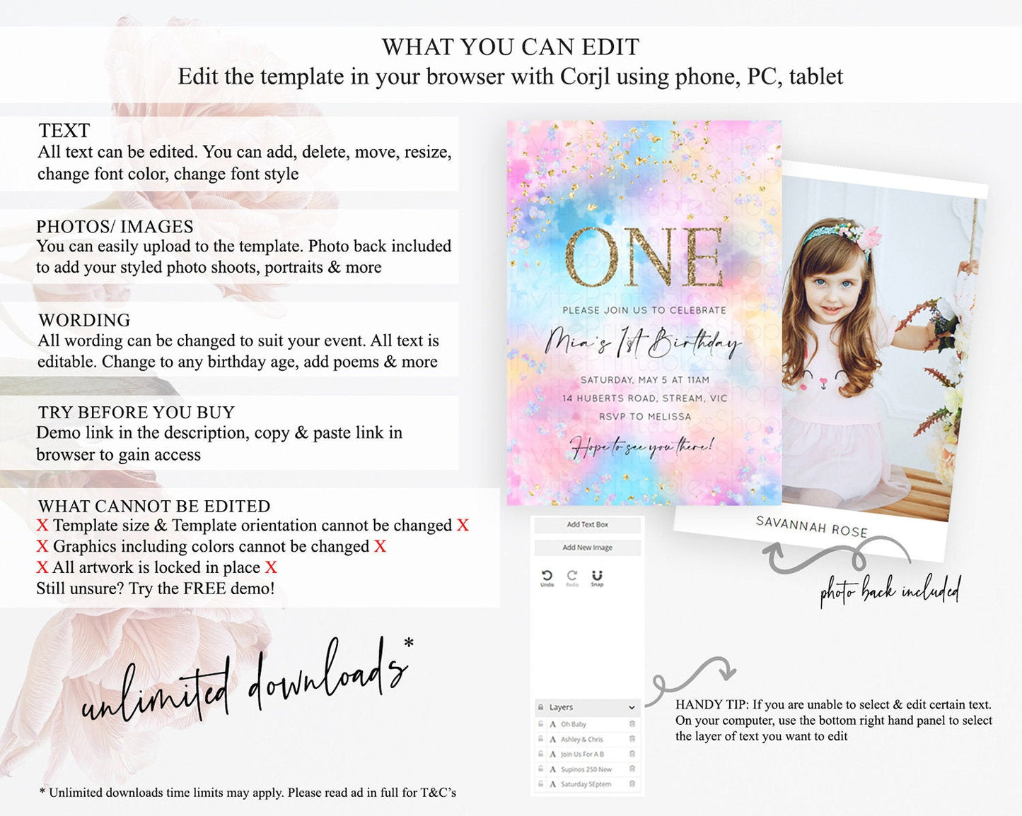 Rainbow Birthday Invitation Colorful Pastel Watercolor Invitation Gold Glitter Sprinkles Ombre Pastel 1st 2nd 3rd Birthday D10607