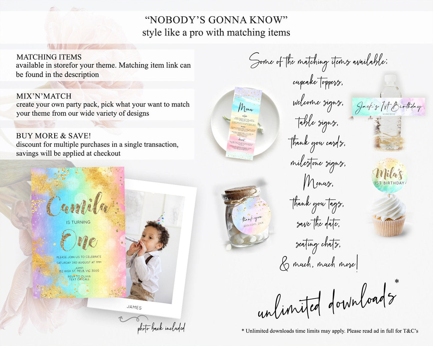 Rainbow Birthday Invitation Colorful Pastel Watercolor Invitation Gold Glitter Sprinkles Ombre Pastel 1st 2nd 3rd Birthday D10561