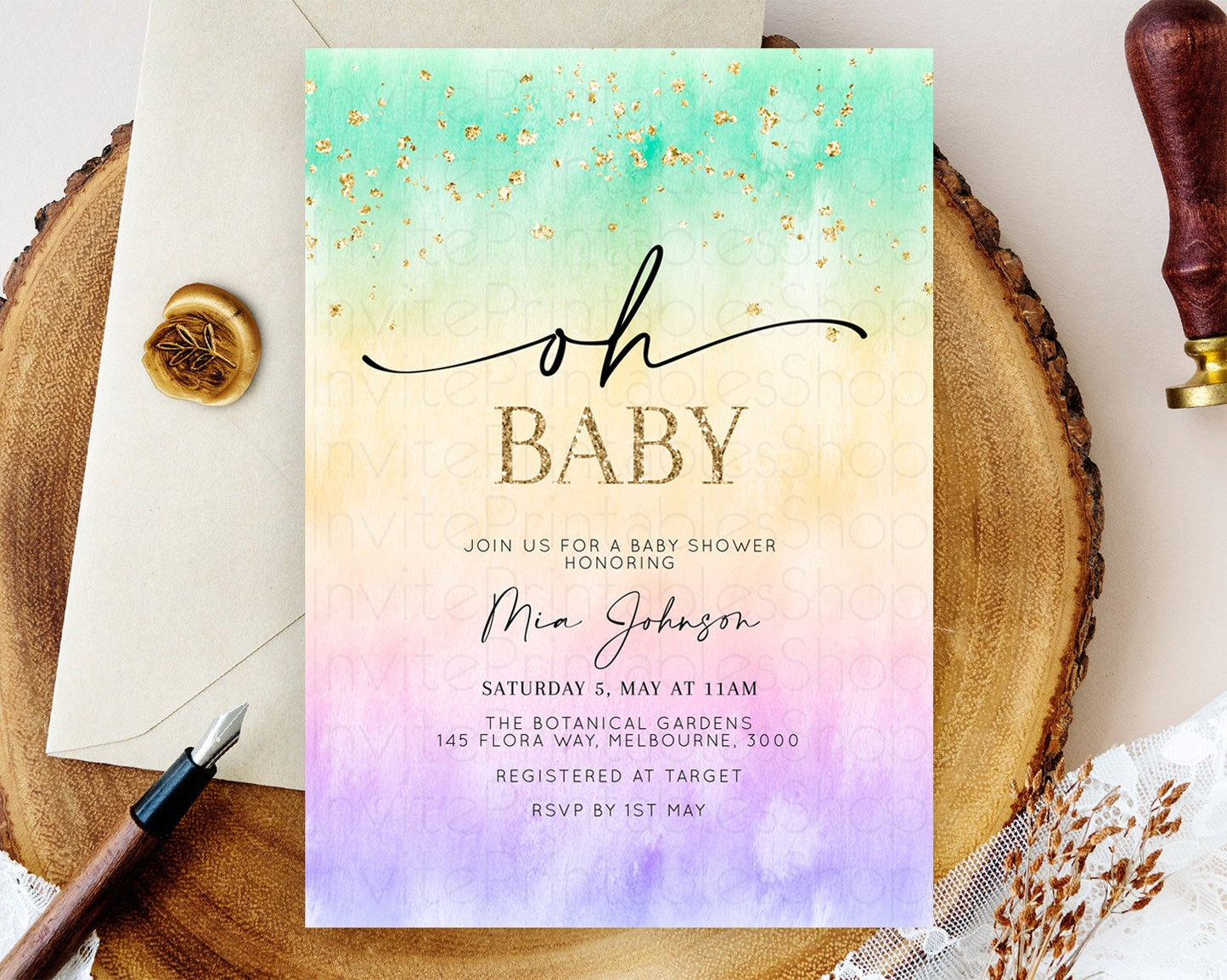 Pastel Baby Shower Invitation Rainbow Baby Shower Invitation Colorful Pastel Watercolor Invitation Gold Glitter Sprinkles Ombre D10481