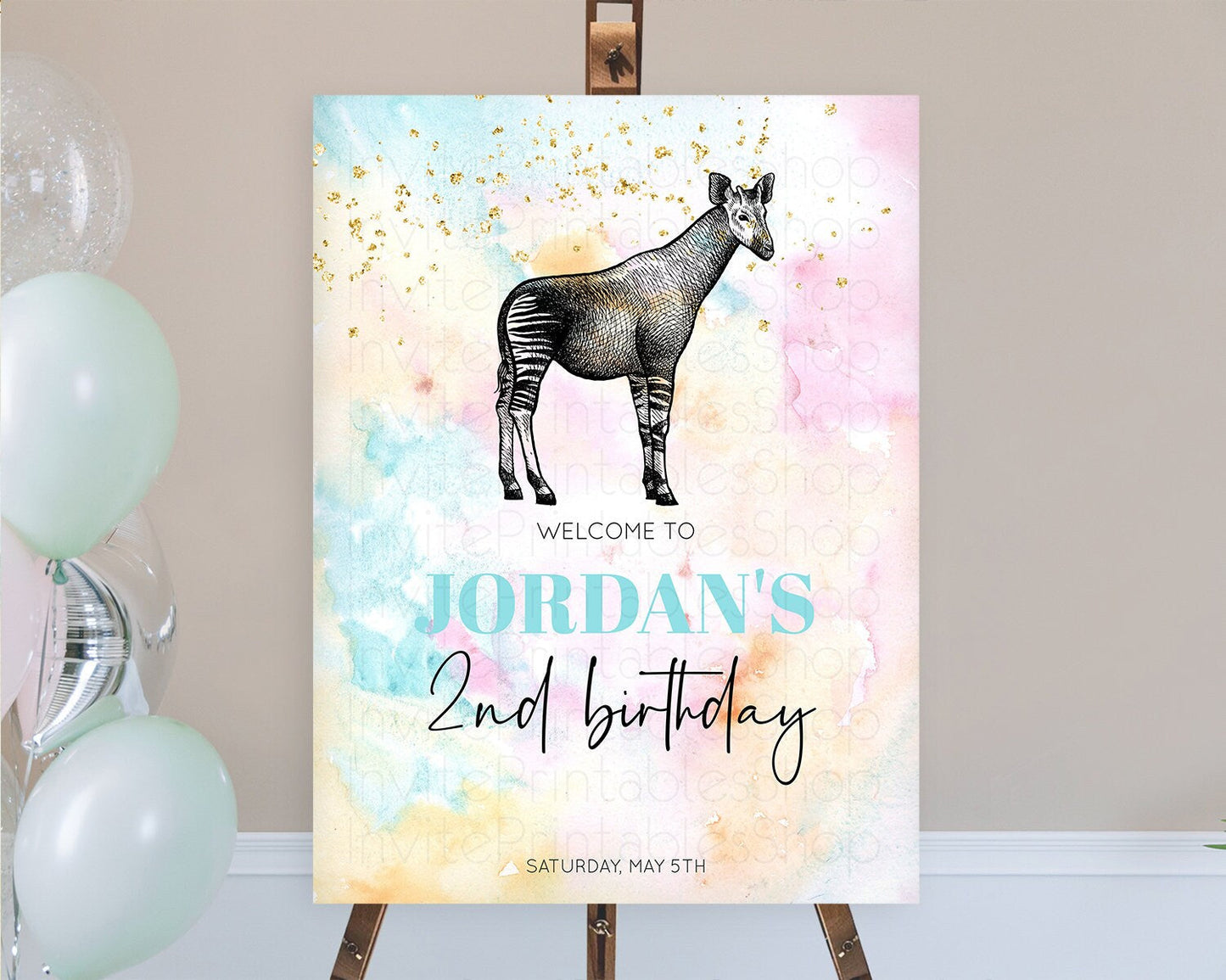 Pastel Okapi Welcome Sign Rainbow Okapi Welcome Board Colorful Rainbow Pastel Confetti Watercolor First Birthday Welcome Sign D10282
