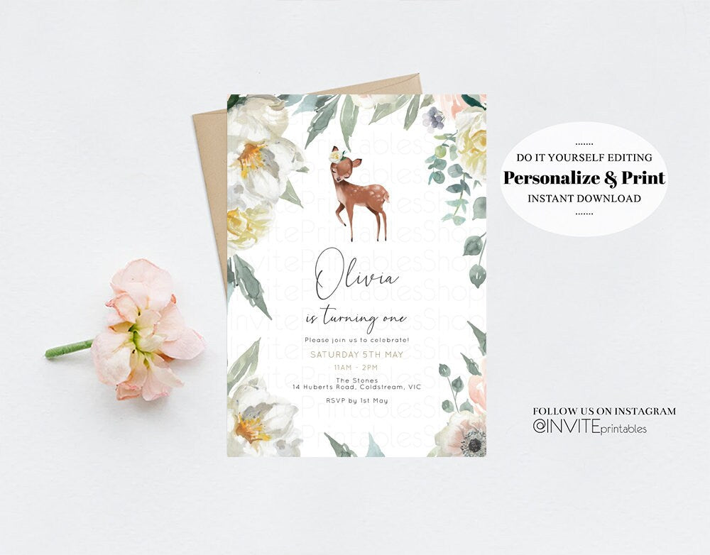 Deer Birthday Invite Baby Deer Invite Deer Invite Forest Friends Invite Pastel Floral Invite Glitter Invite White Floral Garden Invite 112