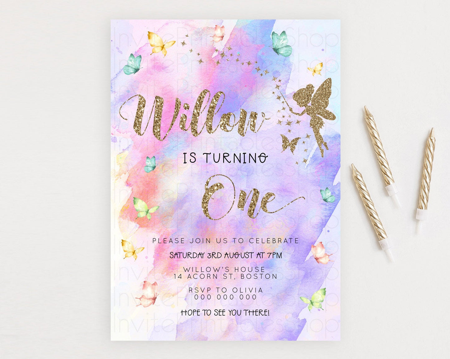 Pastel Fairy Birthday Invitation Pastel Butterflies Fairy Birthday Invitation Rainbow Ombre Watercolor 1st 2nd Birthday Invitation D23341