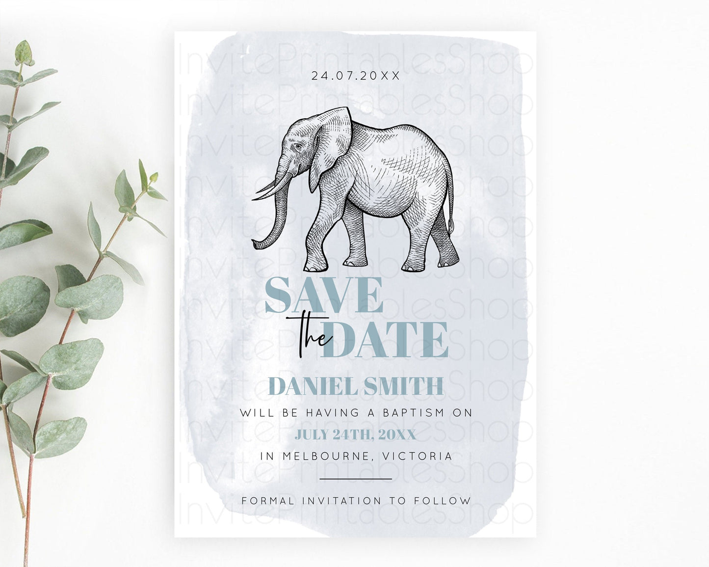 Elephant Save The Date Template Elephant Safari Adventure Party Dried Palm Fern Zoo 1st Birthday Baptism Baby Shower Bridal Shower D10811