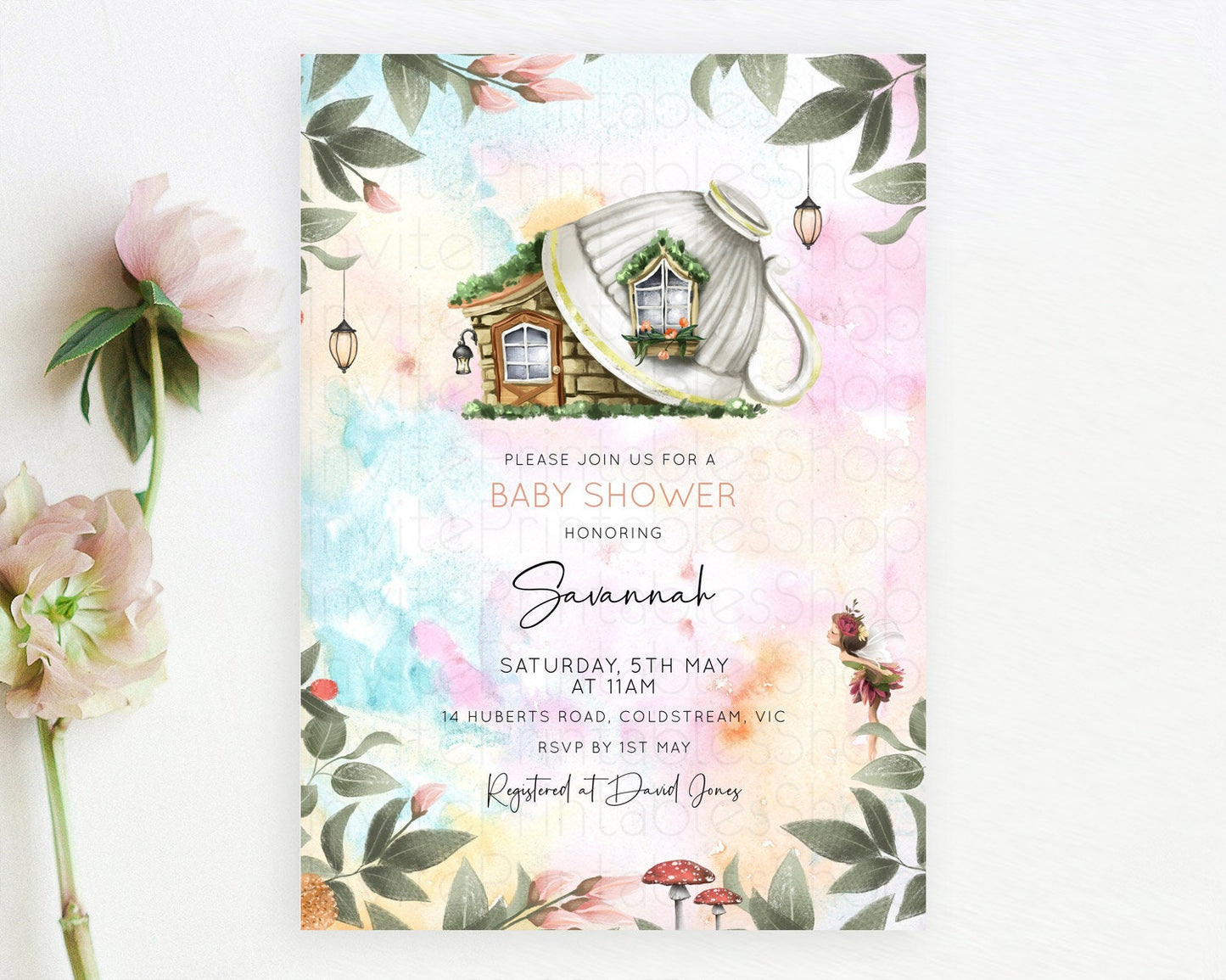 Fairy Baby Shower Invitation Pastel Fairy Invites Fairy Tea Party Fairy Garden Theme Secret Garden Enchanted Garden Floral Butterfly D10555