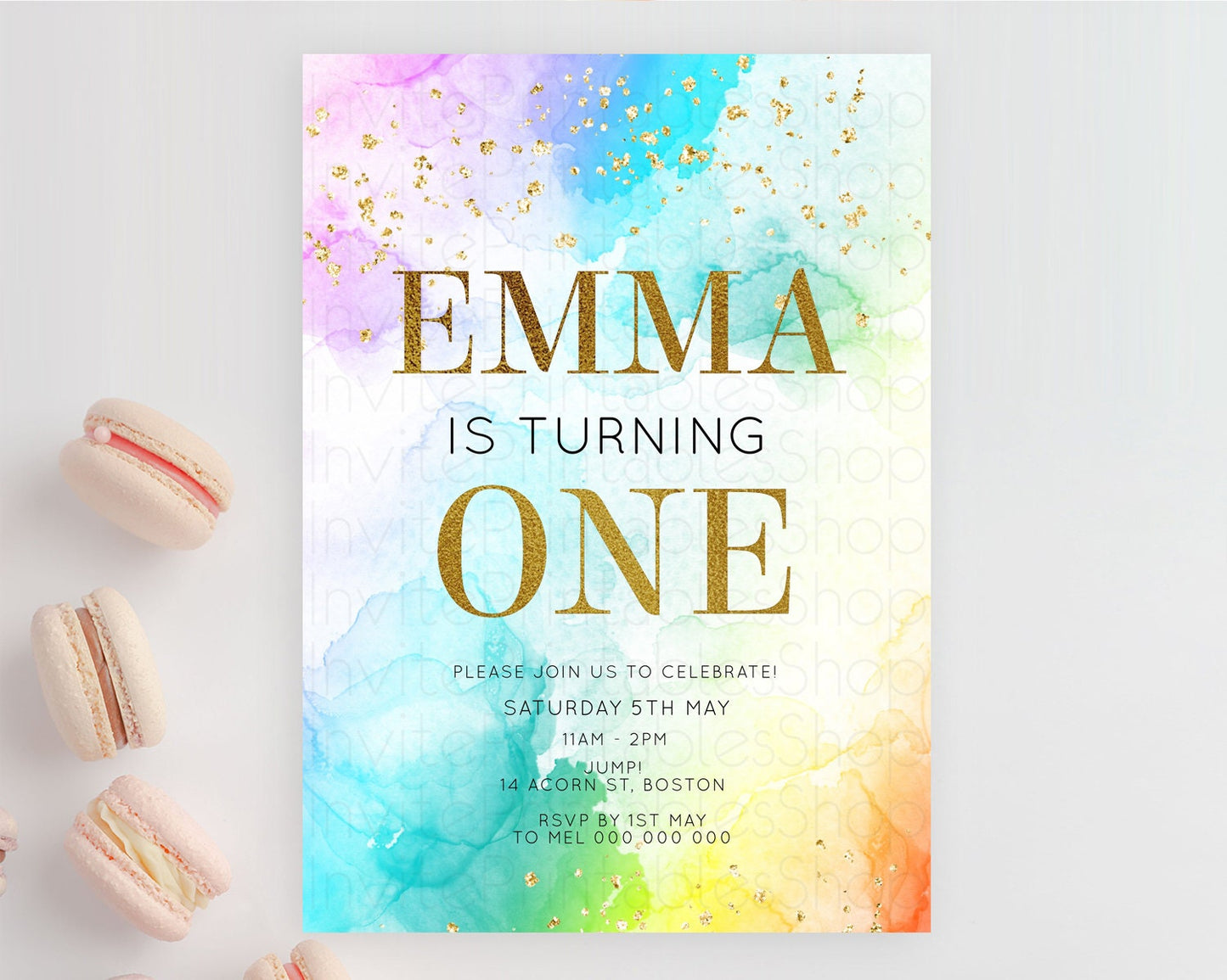 Rainbow Birthday Invitation Colorful Pastel Watercolor Invitation Gold Glitter Sprinkles Ombre Pastel 1st 2nd 3rd Birthday D10961