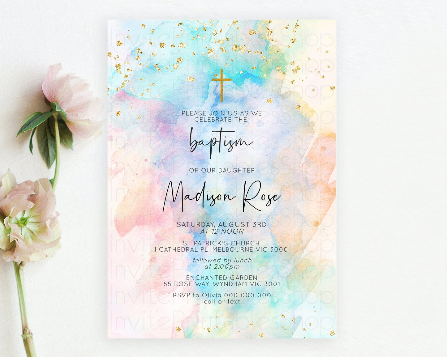 Pastel Baptism Invitation Pastel Colors Watercolor Baptism 1st Birthday Party Gold Ombre Pastel Rainbow Christening Holy Communion D10266