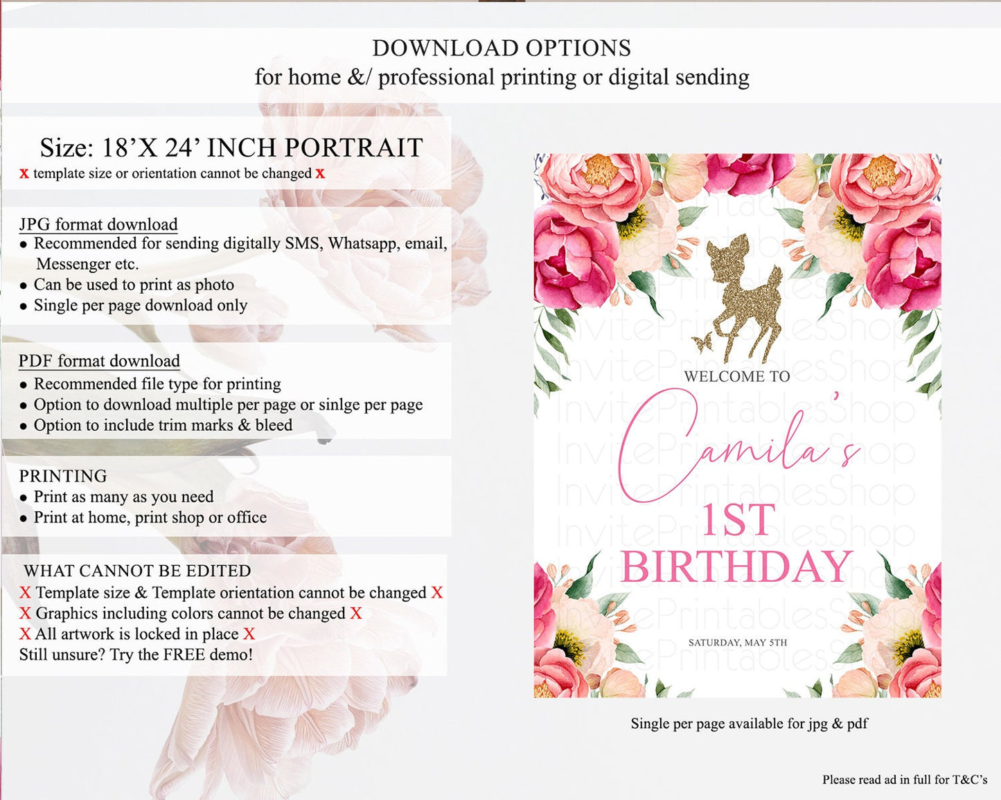 Fawn Welcome Sign Deer Welcome Board Floral Deer Welcome Poster Enchanted Forest Butterfly Pastel Floral First Birthday Welcome Sign D10326