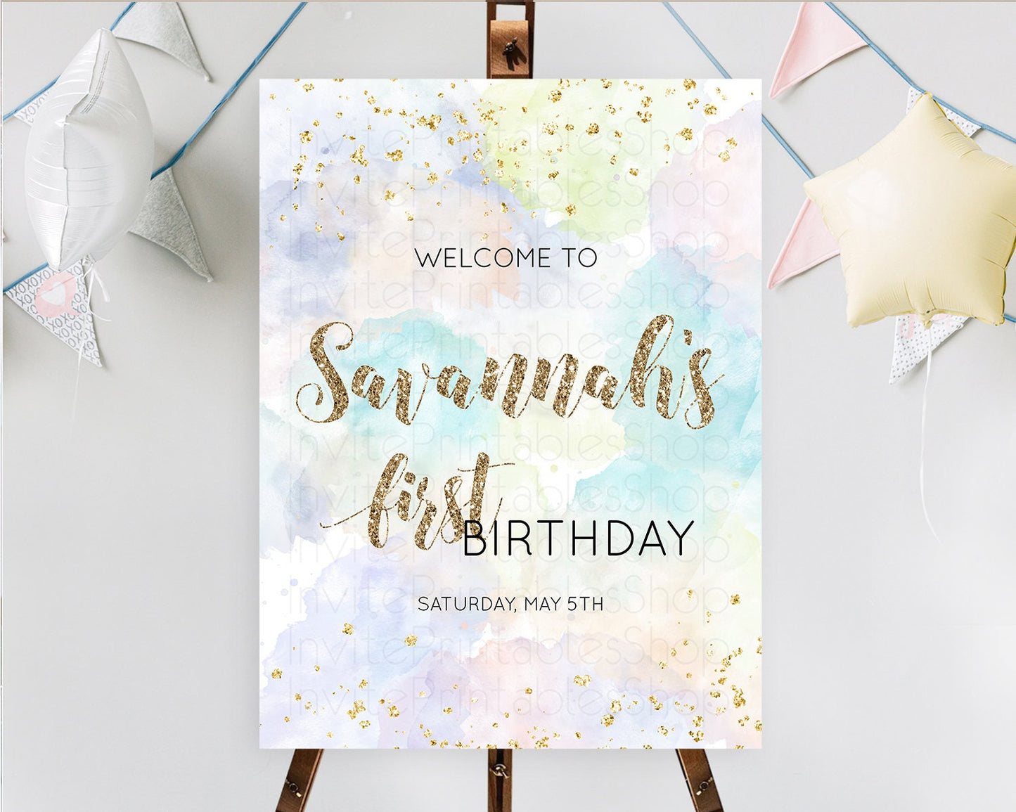 Pastel Welcome Sign Pastel Rainbow Welcome Sign Colorful Rainbow Confetti Watercolor Glitter Pastel First Birthday Welcome Sign D10614